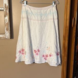 Alexandra Bartlett linen floral embroidered a-line skirt size 8 cottagecore roma